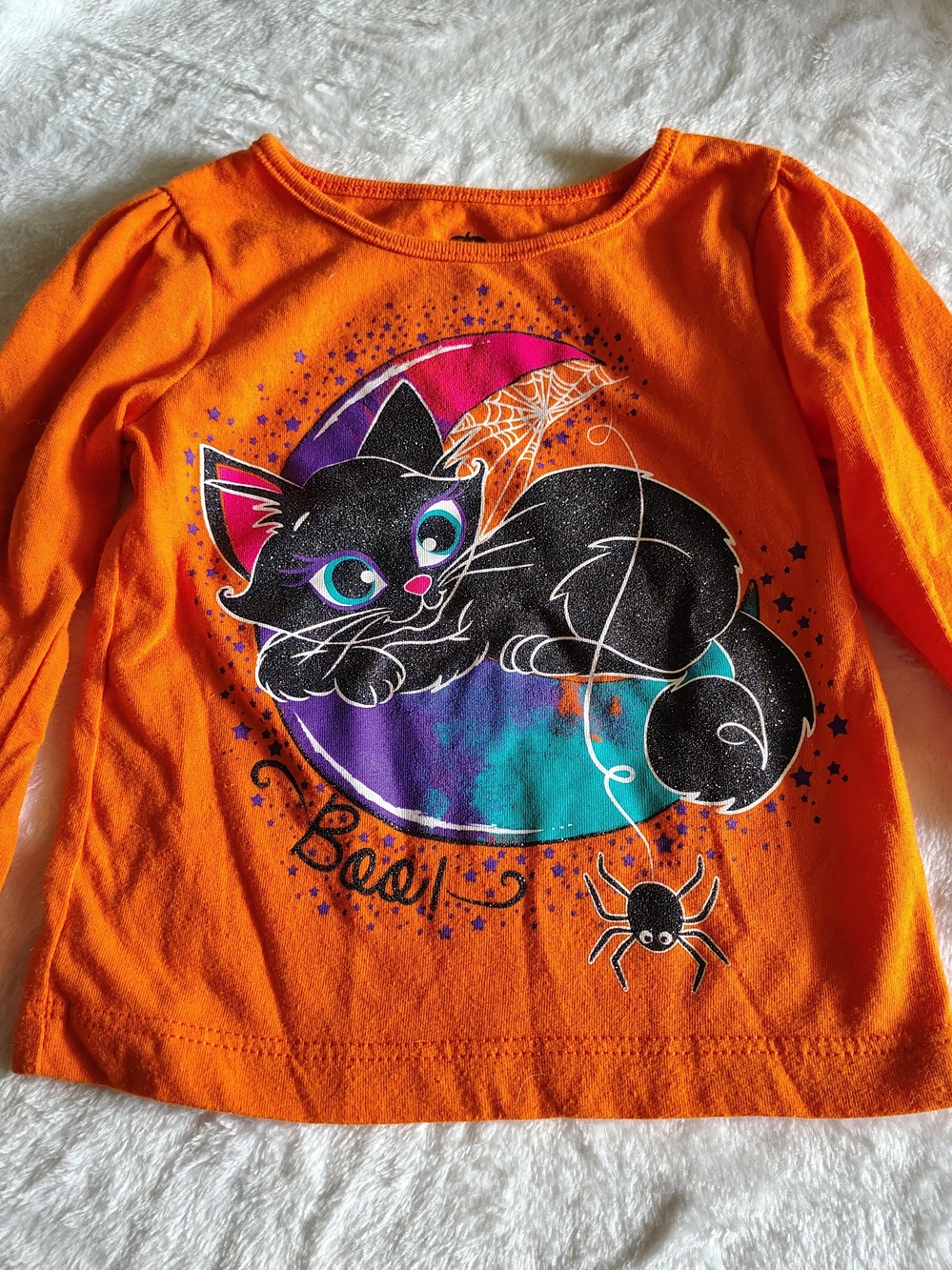 Girls' Orange Halloween Cat Graphic Long-Sleeve Tee